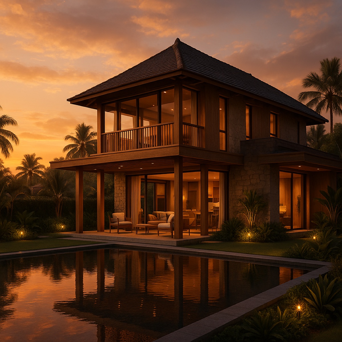 Villa exterior at golden hour with warm sunset light