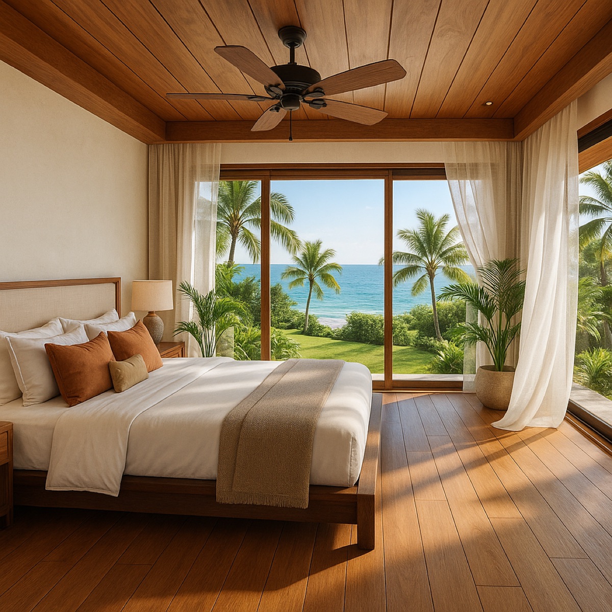 Spacious master bedroom with tropical views and premium finishes