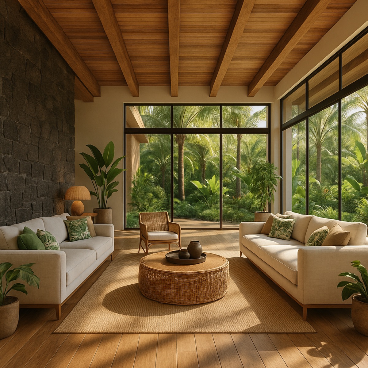 Open-plan living area with tropical modern design, natural materials, and ocean views