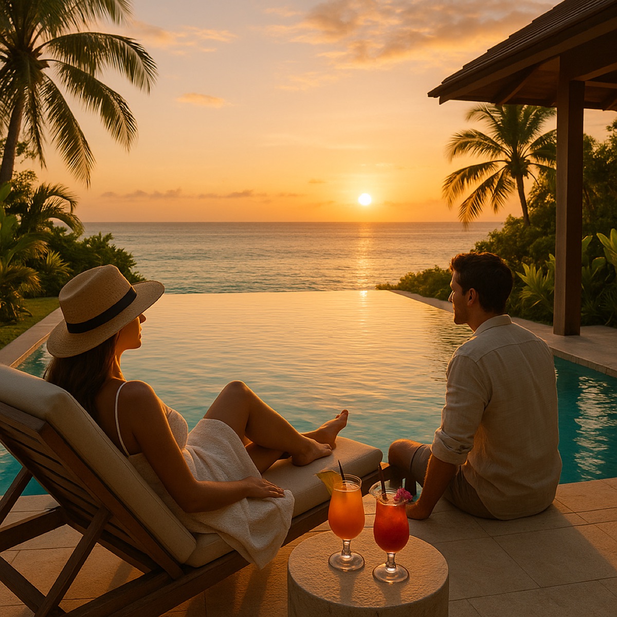 Villa pool area with lifestyle setting — loungers, tropical plants, crystal water
